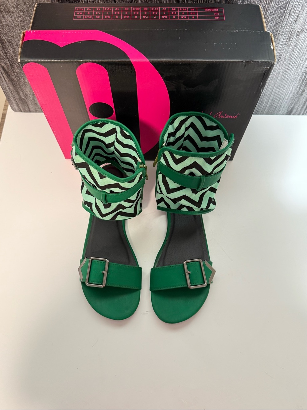 Michael Antonio Green Zebra-Print Ankle Wrap Sandals